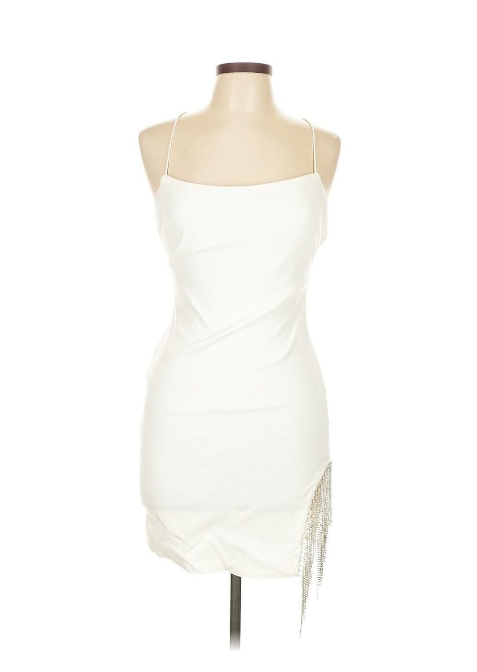NWT fashion nova mini borrowed heart White Silver Rhinestone Fringe Mini L